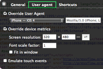 Browsers can spoof their user-agent string and screen dimensions. Settings are under 'User-agent' tab.